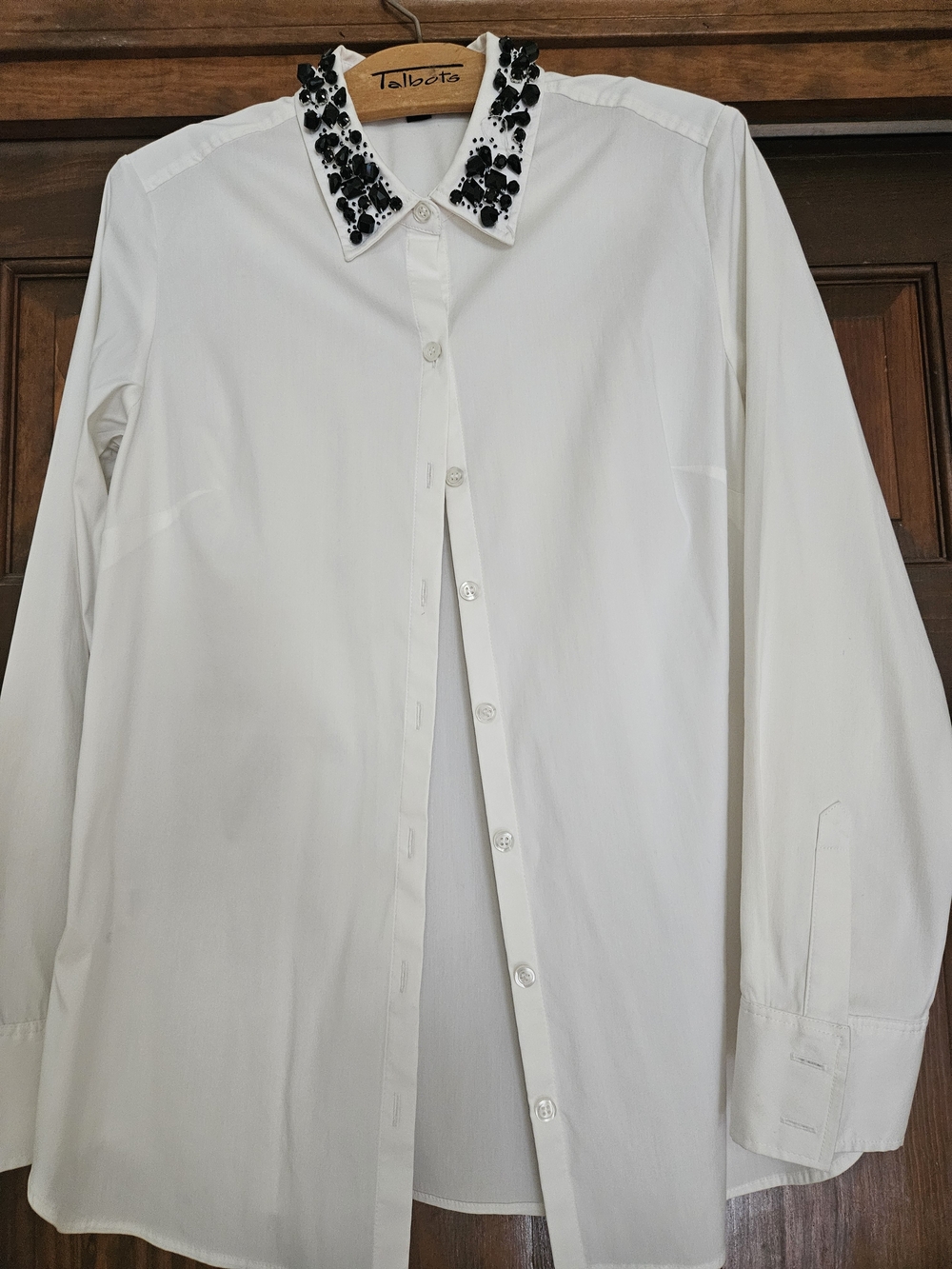 Ann Taylor White Button-Down Shirt with Black Beaded Collar